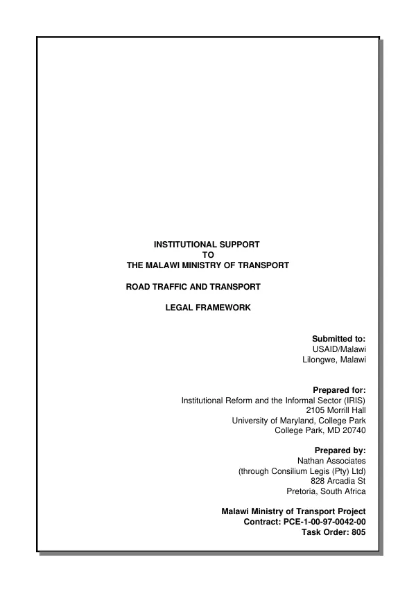 Institutional support to the Malawi Ministry of Transport : road traffic and transport -- legal framework