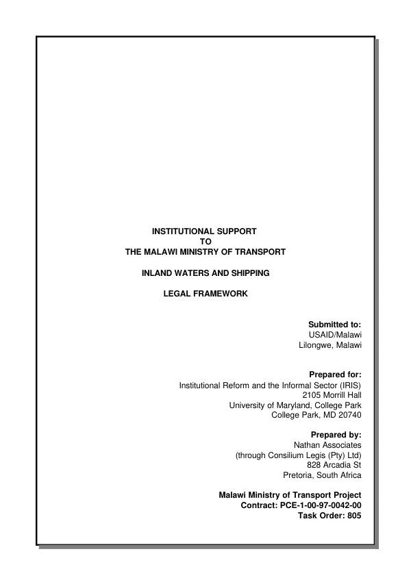 Institutional support to the Malawi Ministry of Transport : inland waters and shipping -- legal framework