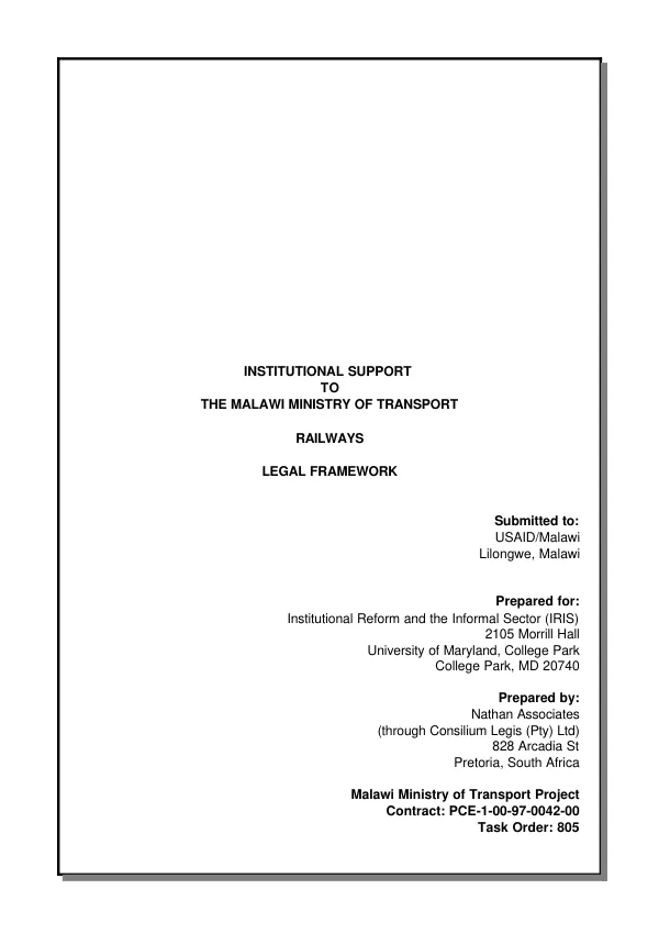 Institutional support to the Malawi Ministry of Transport : railways -- legal framework