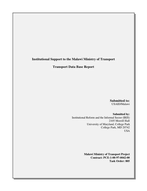 Institutional support to the Malawi Ministry of Transport : transport data base report