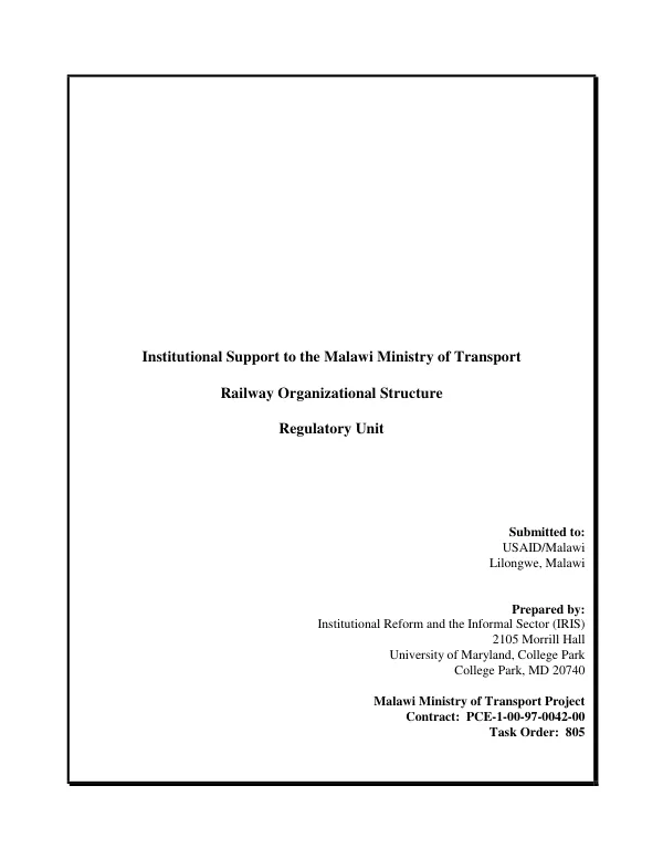 Institutional support to the Malawi Ministry of Transport : railway organizational structure -- regulatory unit