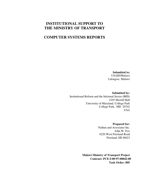 Institutional support to the Malawi Ministry of Transport : computer systems report