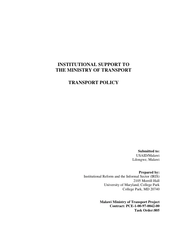 Institutional support to the Malawi Ministry of Transport : transport policy