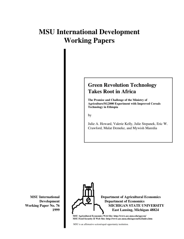Green revolution technology takes root in Africa : the promise and challenge of the Ministry of Agriculture/SG2000 experiment with improved cereals technology in Ethiopia