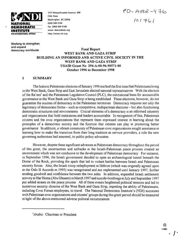 Final report : West Bank and Gaza Strip -- building an informed and active civil society in the West Bank and Gaza Strip : USAID grant no. 294-A-00-96-90571-00 -- October 1996 to December 1998
