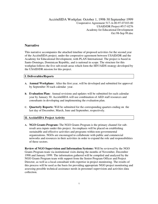 AccionSIDA workplan : October 1, 1998 30 September 1999 -- cooperative agreement 517-A-00-97-07103-00 : USAID/DR project # 517-0276
