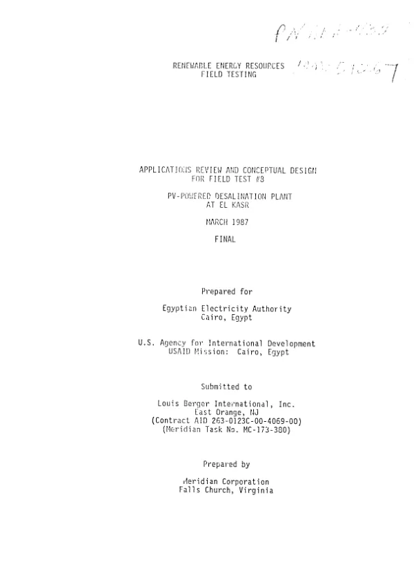 Renewable energy resources field testing : applications review and conceptual design for field test #8, PV-powered desalination plant at El Kasr, March 1987, final