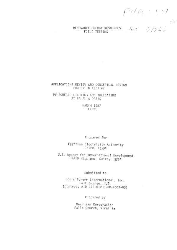 Renewable energy resources field testing : applications review and conceptual design for field test #7, PV-powered lighting and irrigation at Baharia Oasis, March 1987, final