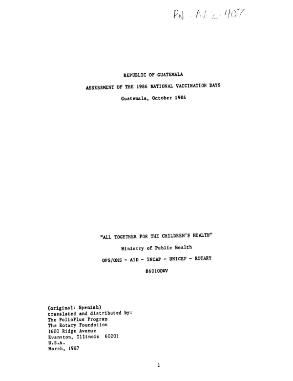 Republic of Guatemala : assessment of the 1986 national vaccination days -- Guatemala, October 1986