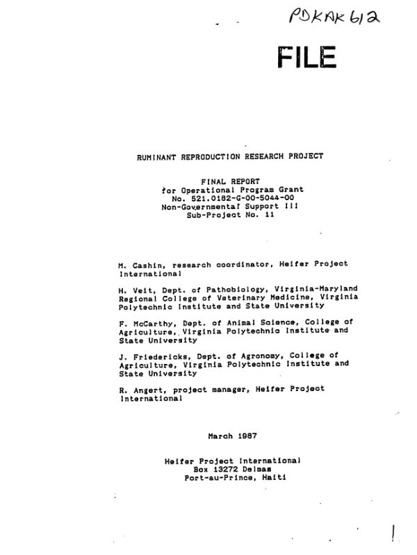 Ruminant reproduction research project : final report for operational program grant no. 521.0182-G-00-5044-00, non-governmental support III, subproject no. 11