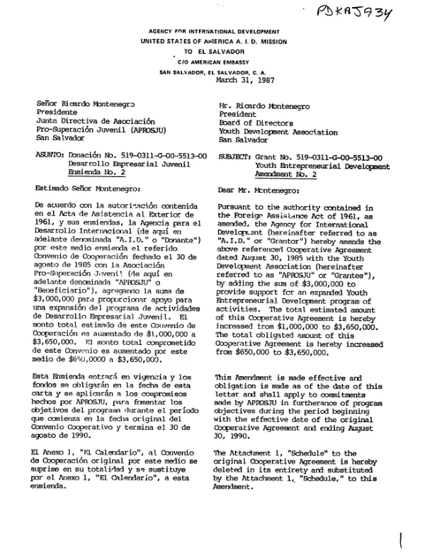 Grant no. 519-0311-G-00-5513-00, youth entrepreneurial development amendment no. 2 between AID and the Youth Development Association