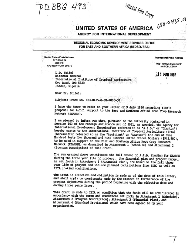 Grant no. 623-0435-G-SS-7005-00 : International Institute of Tropical Agriculture (IITA) support of the east and southern Africa root crop research network (ESARRN)