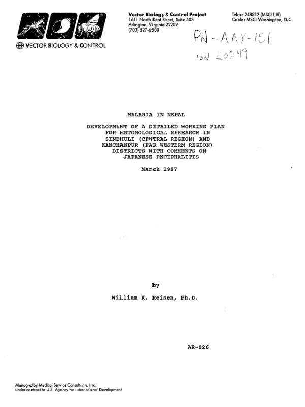 Malaria in Nepal : development of a detailed working plan for entomological research in Sindhuli (central region) and Kanchanpur (far western region) districts with comments on Japanese encephalitis