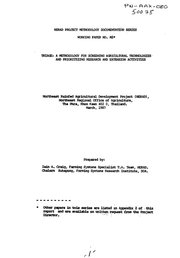 Triage : a methodology for screening agricultural technologies and prioritizing research and extension activities