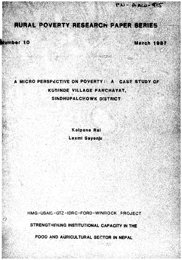 Micro perspective on poverty : a case study of Kubinde village Panchayat, Sindhupalchowk district