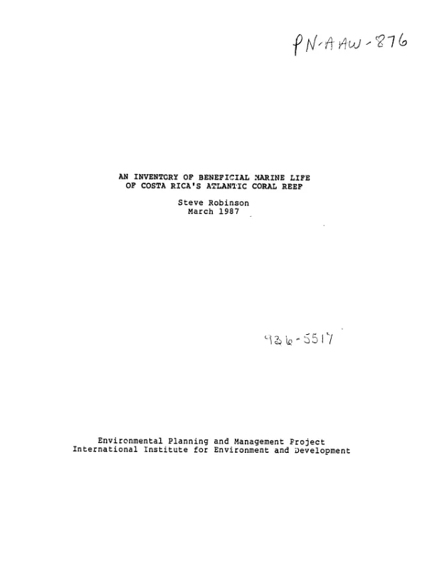 Inventory of beneficial marine life of Costa Rica"s Atlantic coral reef
