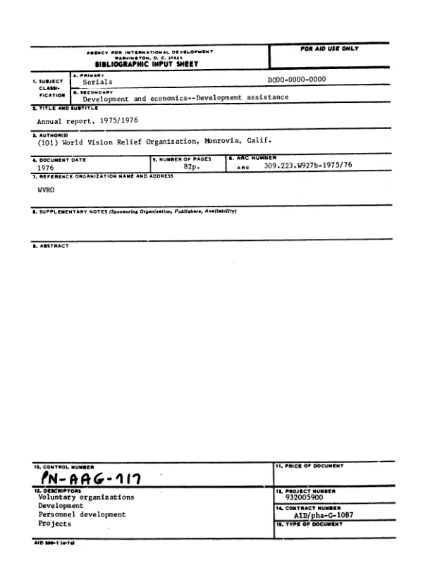 WORLD VISION RELIEF ORGANIZATION NUAL REPORT, COVERING PERIOD OF APRIL 1975 TO MARCH 1976