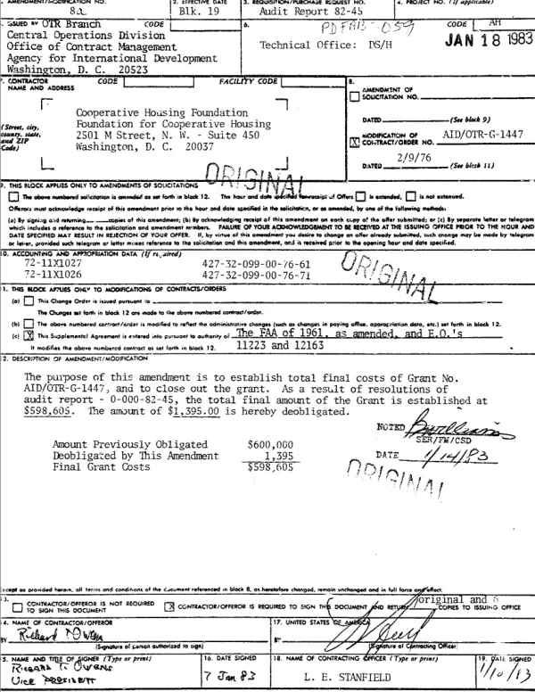 AID grant no. AID/PHA-G-1447 to FCH - Foundation for Cooperative Housing to establish a permanent division within its central office responsible for planning and programming low income self help shelter programs
