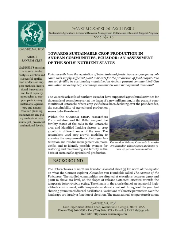 Towards sustainable crop production in Andean communities, Ecuador : an assessment of the soils" nutrient status
