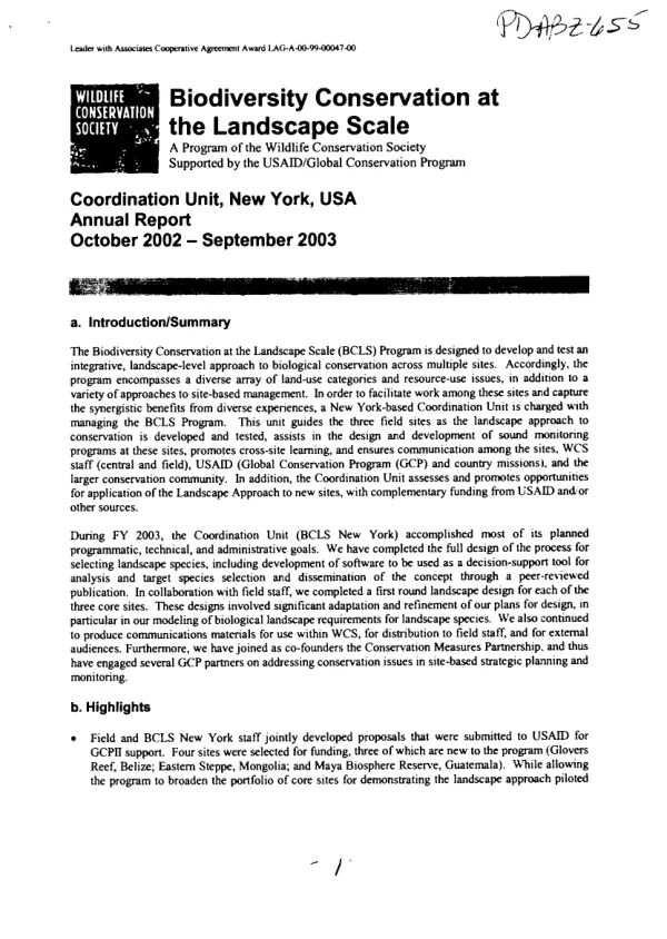 Biodiversity conservation at the landscape scale : a program of the Wildlife Conservation Society supported by the USAID/Global Conservation Program -- Coordination Unit, New York, USA : annual report -- October 2002-September 2003