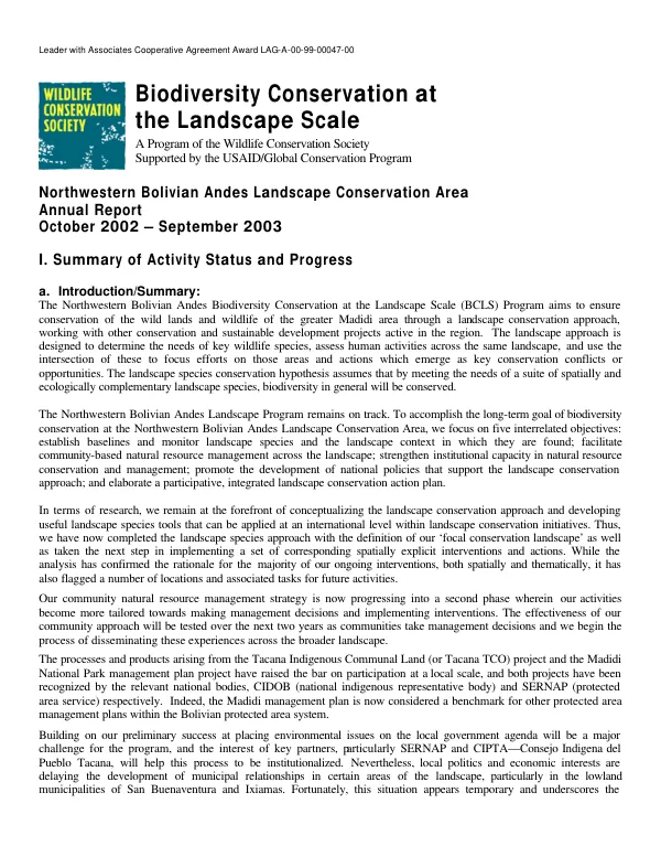 Biodiversity conservation at the landscape scale : a program of the Wildlife Conservation Society supported by the USAID/Global Conservation Program -- Northwestern Bolivian Andes landscape conservation area : annual report -- October 2002-September 2003