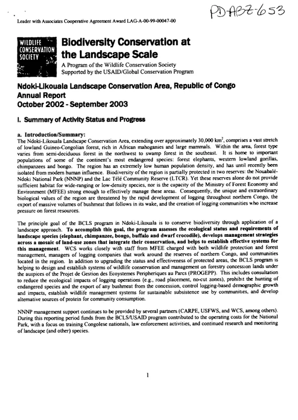 Biodiversity conservation at the landscape scale : a program of the Wildlife Conservation Society supported by the USAID/Global Conservation Program -- Ndoki-Likouala landscape conservation area, Republic of Congo : annual report -- October 2002-September 2003