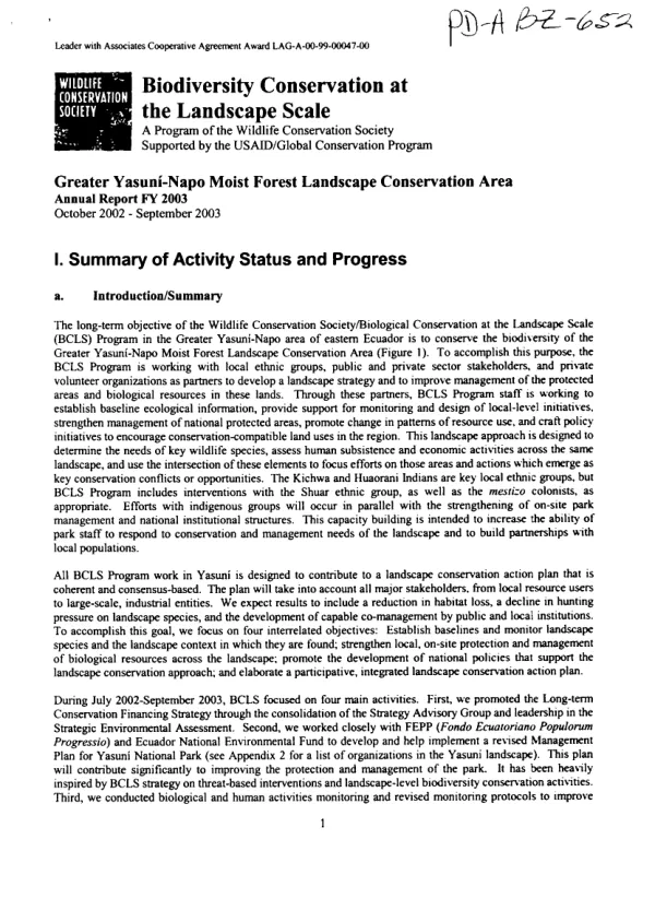 Biodiversity conservation at the landscape scale : a program of the Wildlife Conservation Society supported by the USAID/Global Conservation Program -- Greater Yasuni-Napo moist forest landscape conservation area : annual report FY 2003 -- October 2002-September 2003