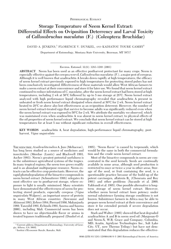 Storage temperature of neem kernel extract : differential effects on oviposition deterrency and larval toxicity of Callosobruchus maculatus (F.) (Cleoptera, Bruchidae)