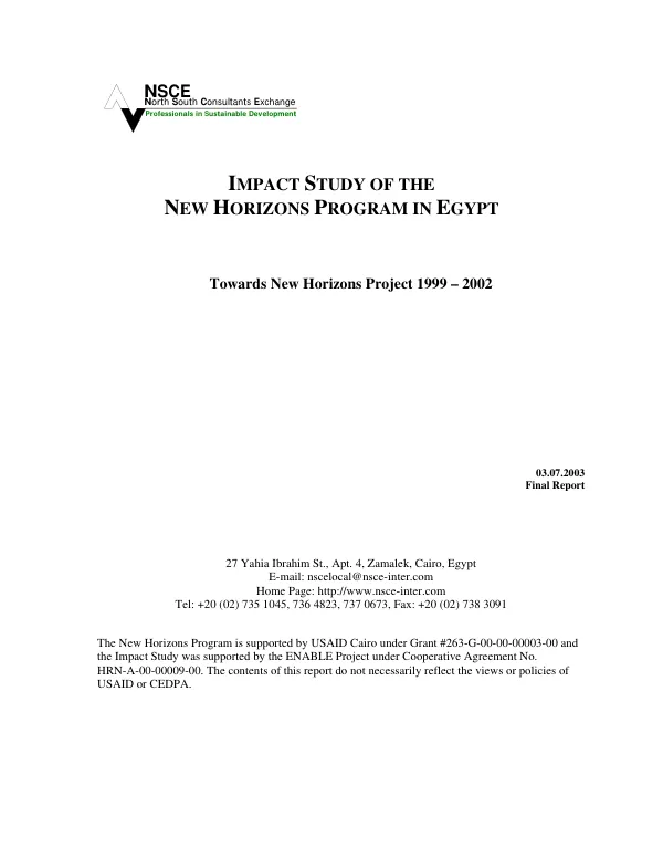 Impact study of the new horizons program in Egypt : towards new horizons project 1999-2002
