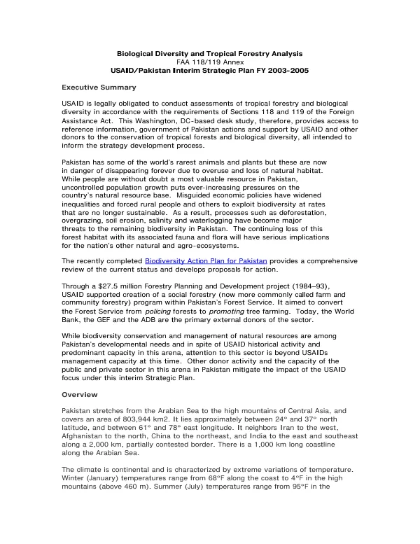 Biological diversity and tropical forestry analysis : FAA 118/119 annex, USAID/Pakistan interim strategic plan FY 2003-2005