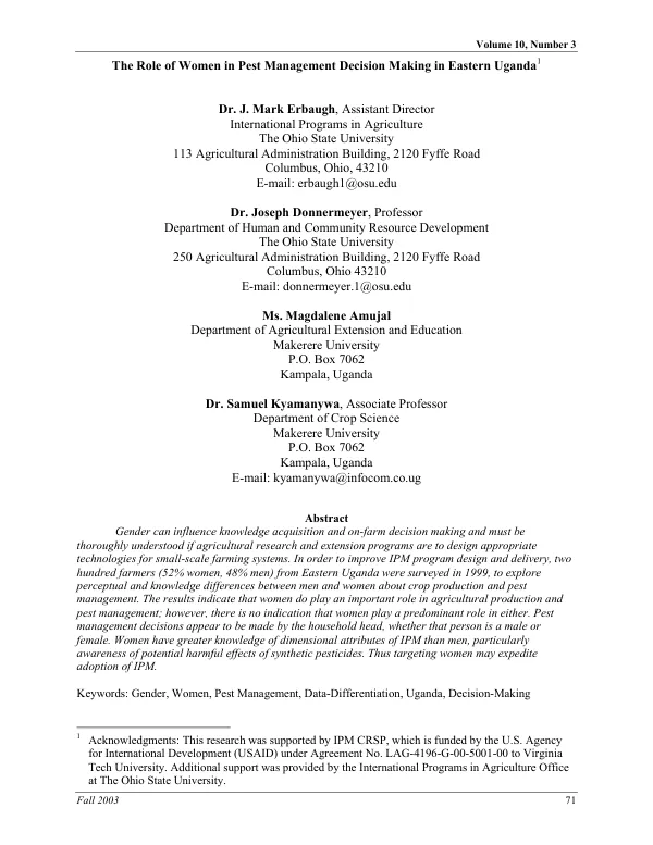 Role of women in pest management decision making in Eastern Uganda