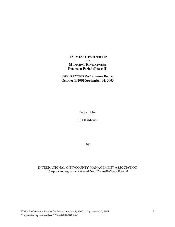U.S.-Mexico partnership for municipal development, extension period (phase II) : USAID FY2003 performance report, October 1, 2002-September 30, 2003