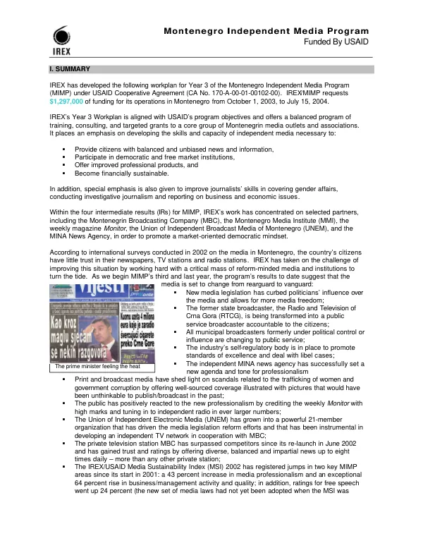 IREX Montenegro independent media program [(MIMP) : workplan for year 3, October 1, 2003 to July 15, 2004]