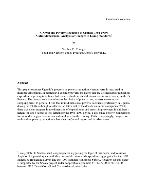 Growth and poverty reduction in Uganda, 1992-1999 : a multidimensional analysis of changes in living standards