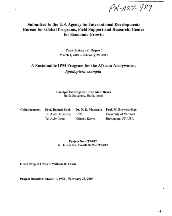 Fourth annual report March 1, 2002-February 28, 2003 : a sustainable IPM [integrated pest management] program for the African armyworm, spodoptera exempta