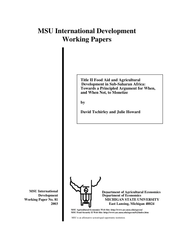Title II food aid and agricultural development in Sub-Saharan Africa : towards a principled argument for when, and when not, to monetize