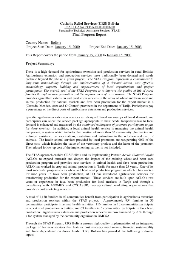 Catholic Relief Services (CRS) Bolivia : USAID CA no. PCE-A-00-00-00006-00 -- final progress report
