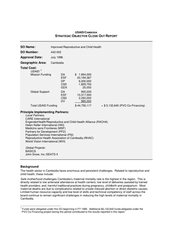 USAID/Cambodia : strategic objective close out report -- improved reproductive and child health