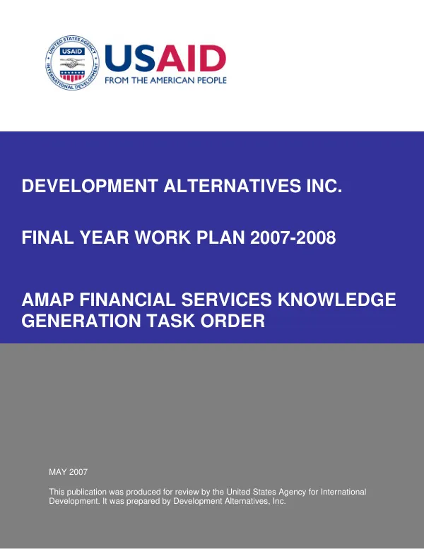 Final year work plan 2007-2008 : AMAP financial services knowledge generation task order