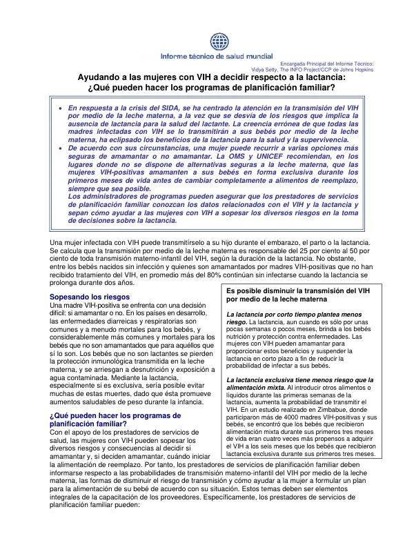 Ayudando a las mujeres con VIH a decidir respecto a la lactancia : que pueden hacer los programas de planificacion familiar?