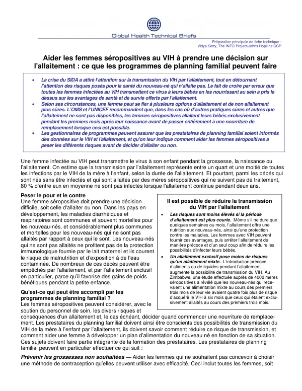 Aider les femmes seropositives au VIH a prendre une decision sur l"allaitement : ce que les programmes de planning familial peuvent faire