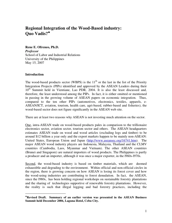 Regional integration of the wood-based industry : Quo Vadis?