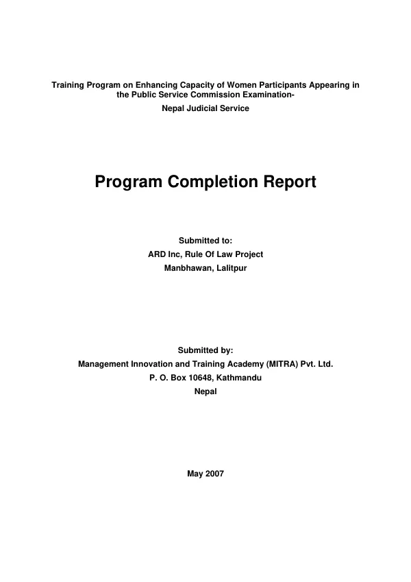 Training program on enhancing capacity of women participants appearing in the Public Service Commission examination, Nepal Judicial Service : program completion report