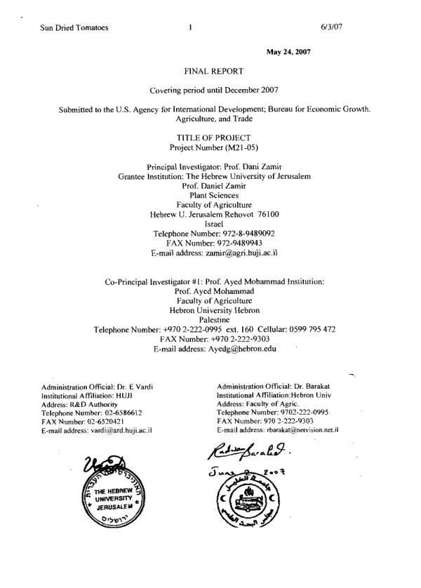 Sun dried tomatoes : final report covering period until December 2007