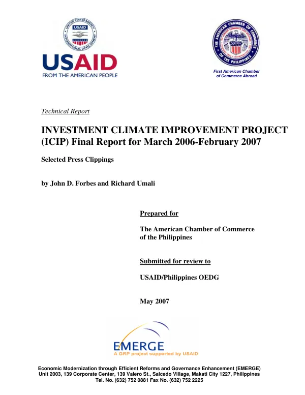 Investment climate improvement project (ICIP) final report for March 2006-February 2007 : selected press clippings