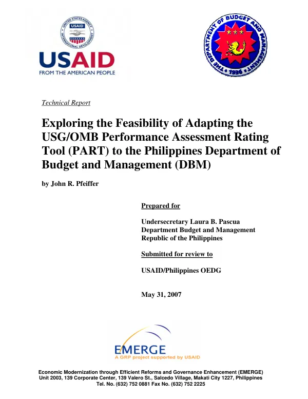 Exploring the feasibility of adapting the USG/OMB performance assessment rating tool (PART) to the Philippines Department of Budget and Management (DBM) [: trip report]