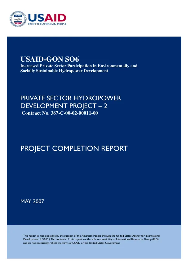 Private sector hydropower development project-2, contract no. 367-C-00-02-00011-00 : project completion report