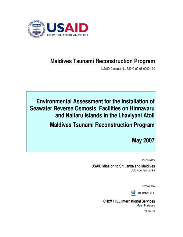 Environmental assessment for the installation of seawater reverse osmosis facilities on Hinnavaru and Naifaru Islands in the Lhaviyani Atoll