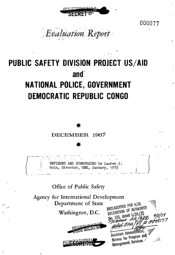 Evaluation report : Public Safety Division Project, US/AID and National Police, Government Democratic Republic Congo
