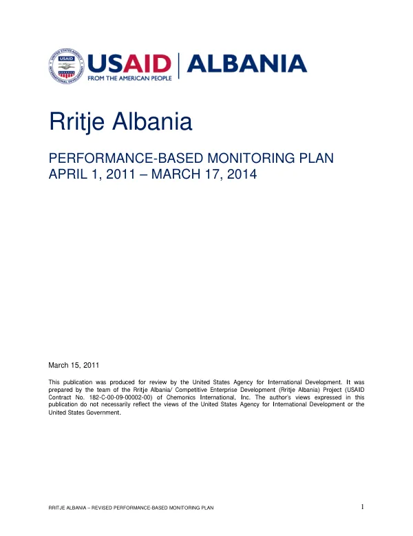 Competitive enterprise development (CED) project in Albania : performance-based monitoring plan, April 1, 2011 - March 17, 2014